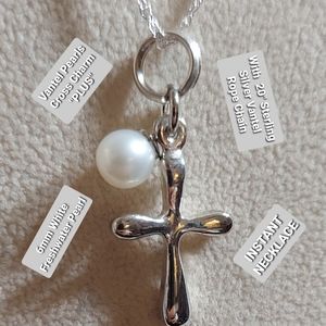 VANTEL PEARLS CROSS CHARM W/20" Sterling chain